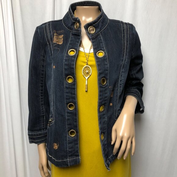 Live a Little Jean Jacket Womens Size Medium Cooper Painted Open Front Grommets - Picture 1 of 5